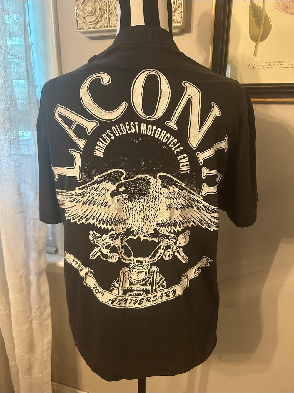 1993 Laconia Nh Black T-Shirt with White Eagle & Motorcycle Graphic med